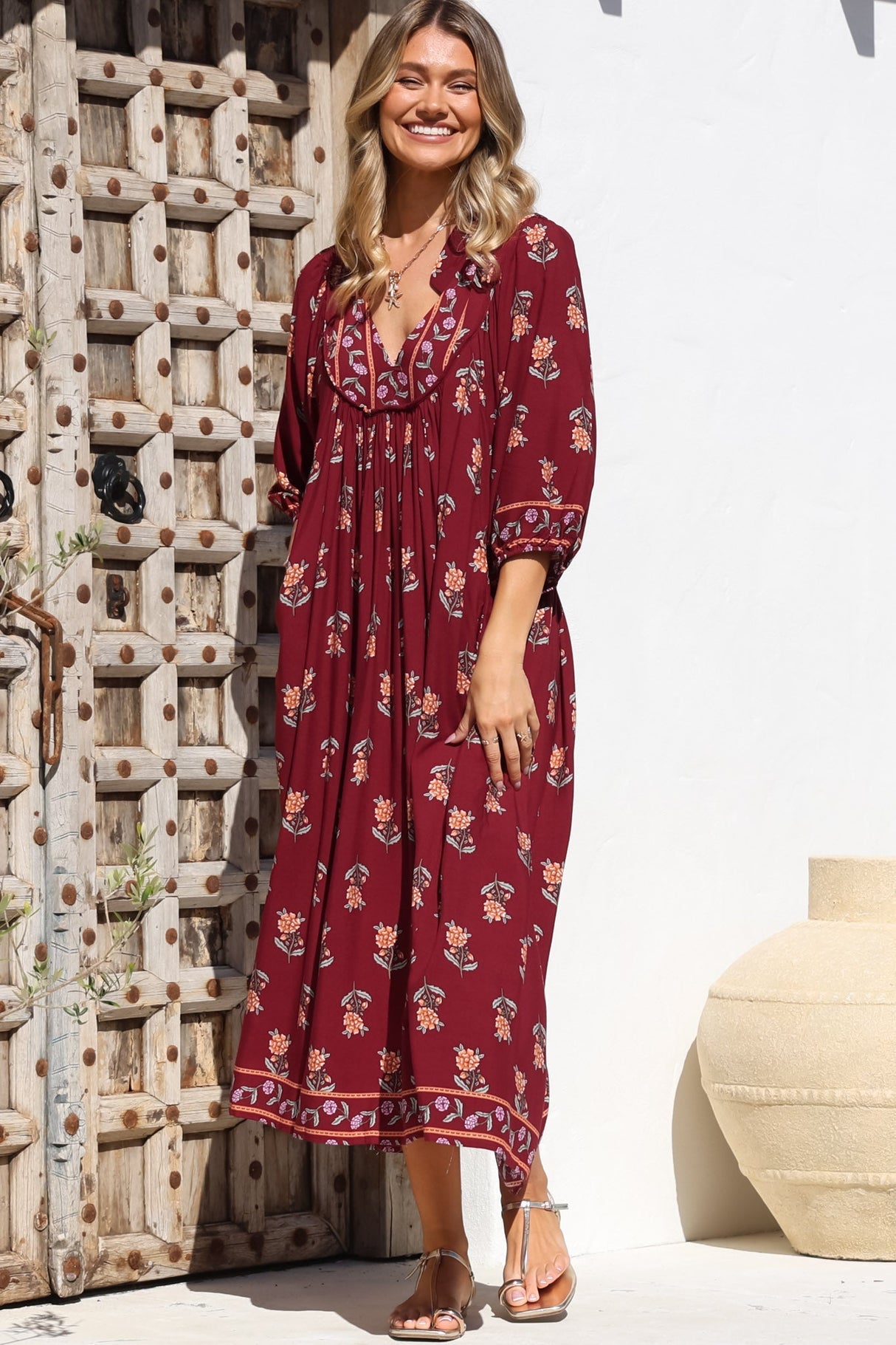 Jaase - Boheme Midi Dress: Piping Defined Bust 3/4 Sleeve Smock Dress In Grenache Print