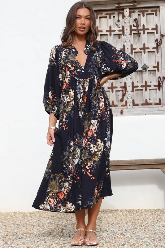 Jaase - Boheme Midi Dress: Piping Defined Bust Slimline Smock Dress In Indigo Print