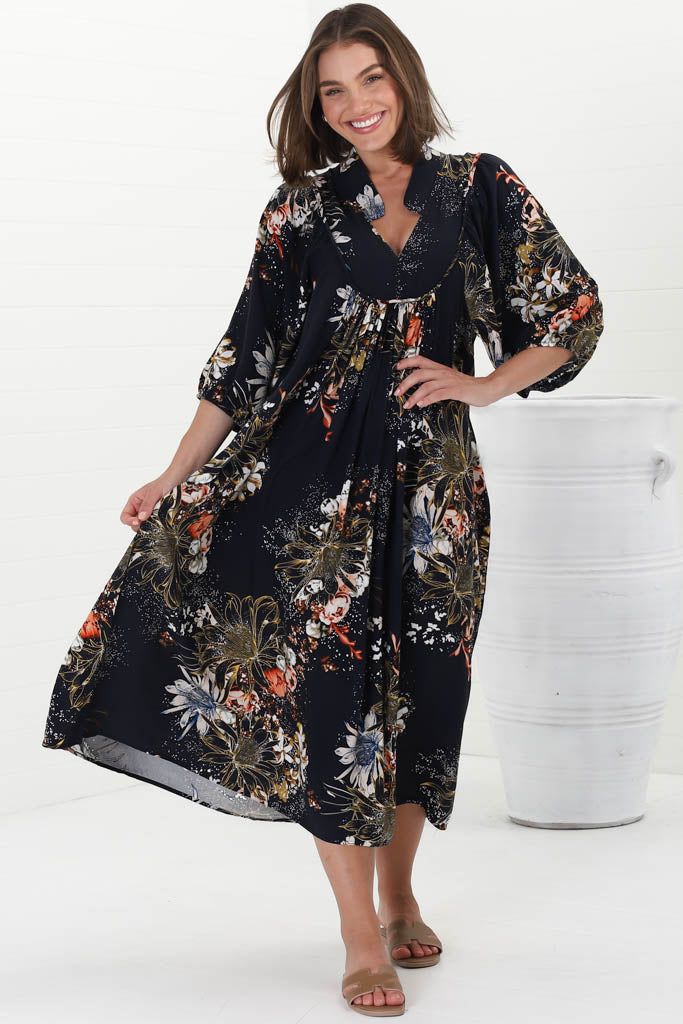 Jaase - Boheme Midi Dress: Piping Defined Bust Slimline Smock Dress In Indigo Print