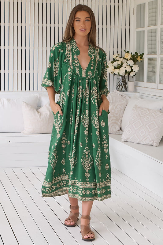 Jaase - Boheme Midi Dress: Piping Defined Bust Slimline Smock Dress In Kiva Print