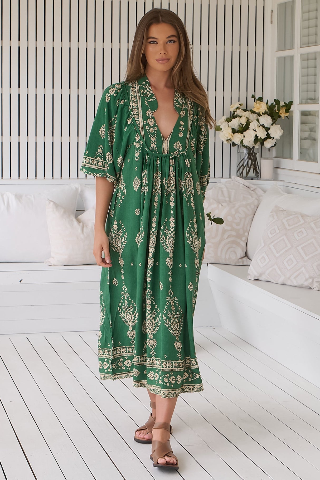 Jaase - Boheme Midi Dress: Piping Defined Bust Slimline Smock Dress In Kiva Print