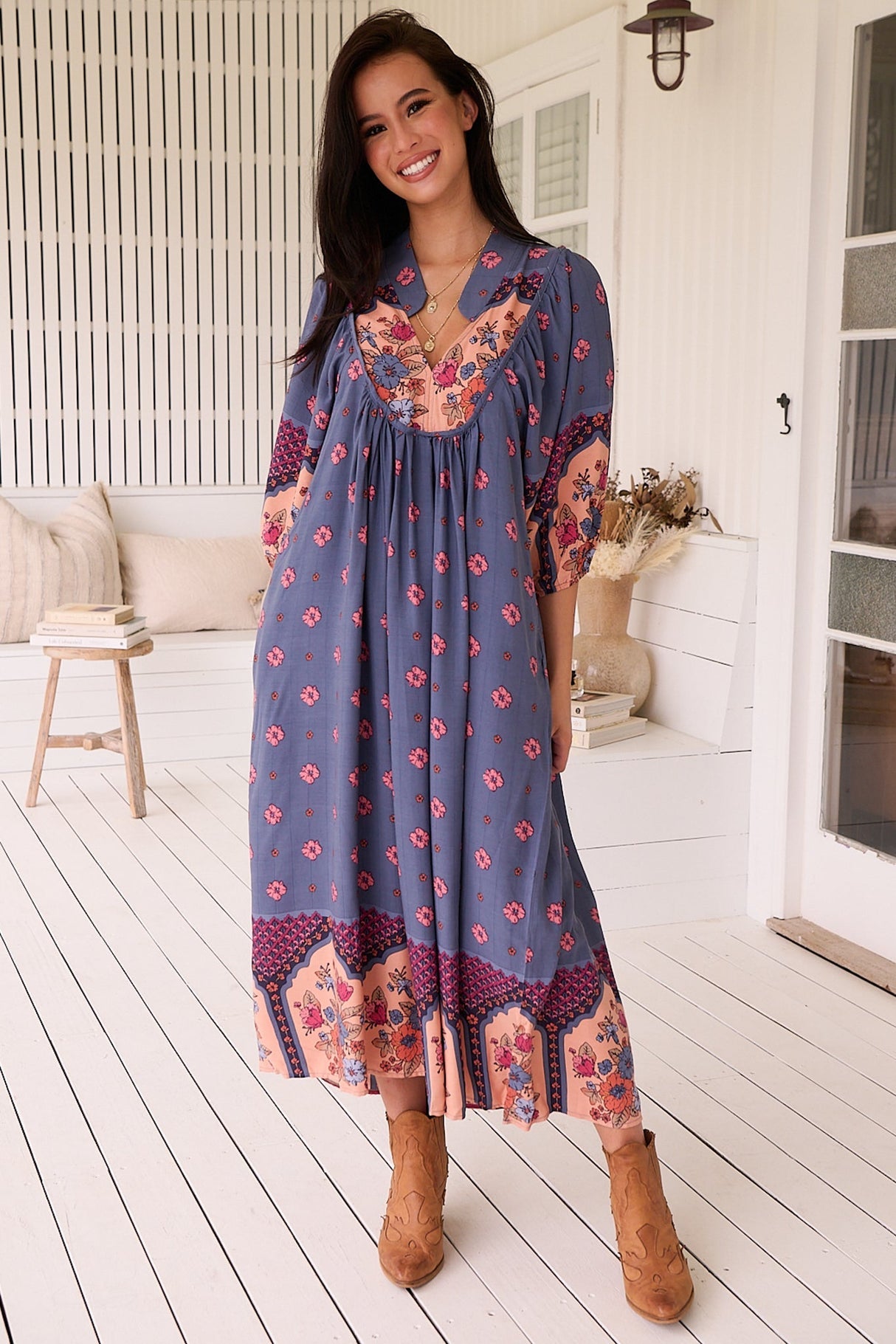 Jaase - Boheme Midi Dress: Piping Defined Bust Slimline Smock Dress In Laney Print
