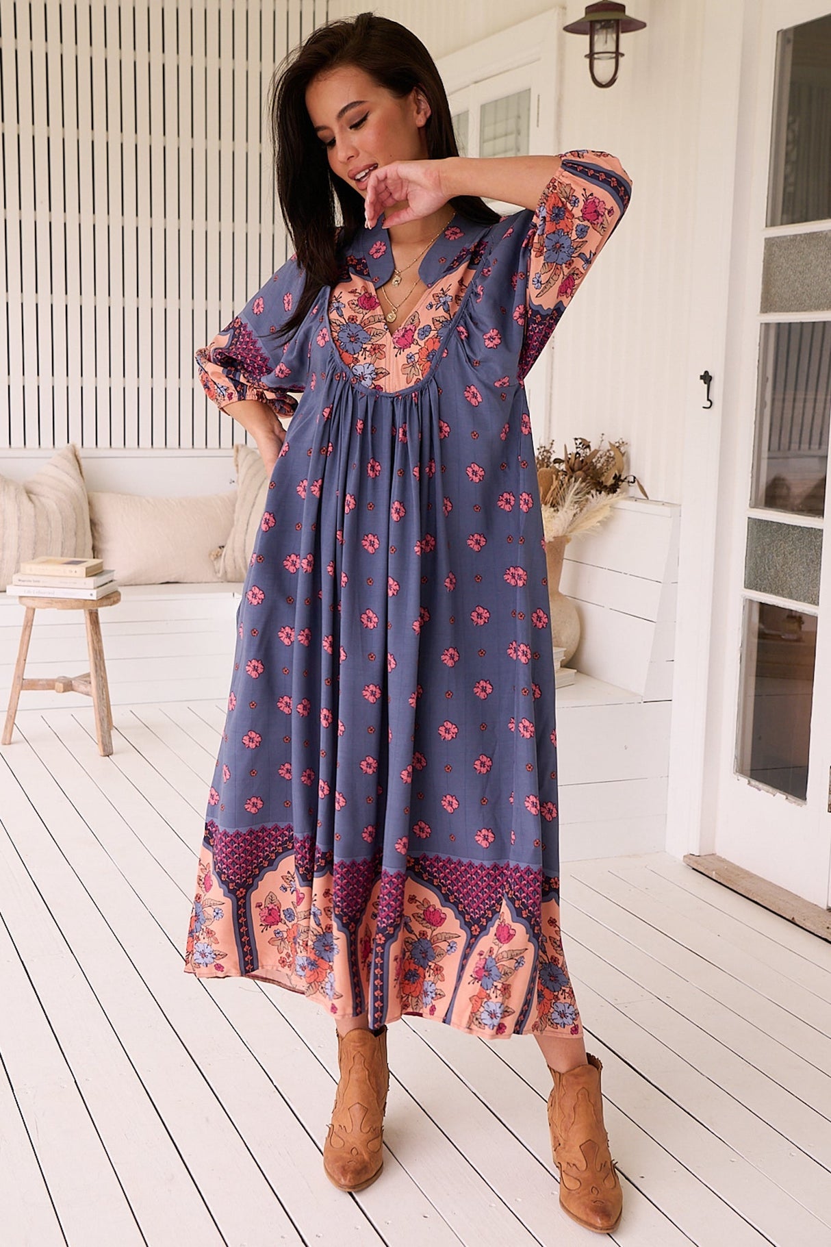 Jaase - Boheme Midi Dress: Piping Defined Bust Slimline Smock Dress In Laney Print