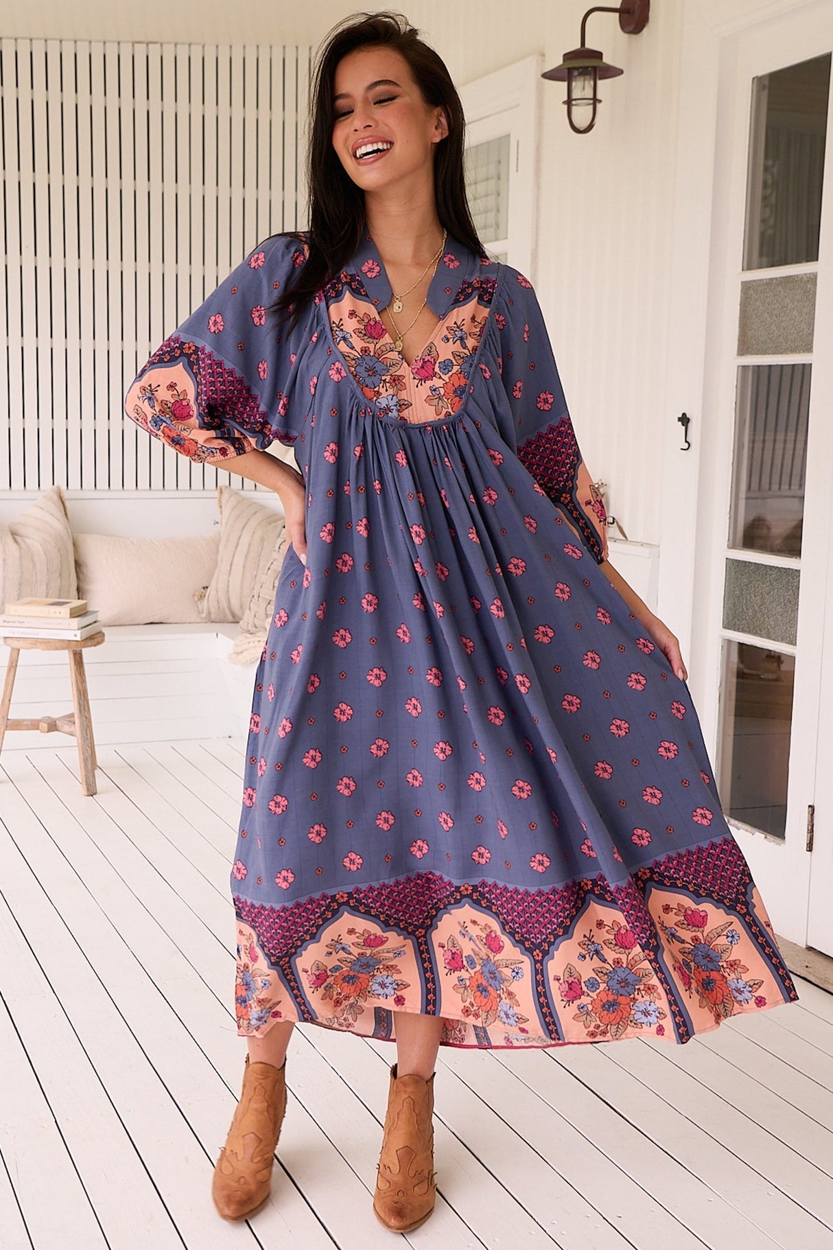 Jaase - Boheme Midi Dress: Piping Defined Bust Slimline Smock Dress In Laney Print
