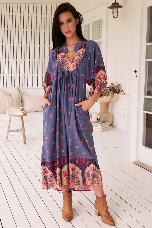 Jaase - Boheme Midi Dress: Piping Defined Bust Slimline Smock Dress In Laney Print
