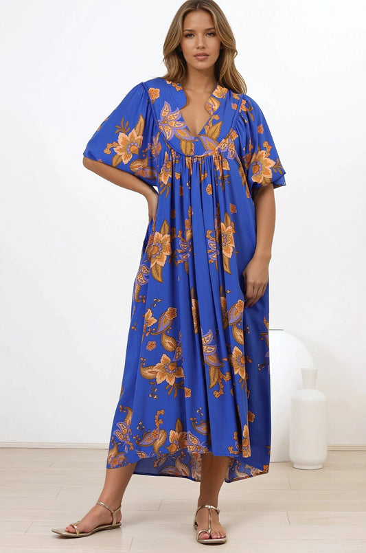 Jaase - Boheme Midi Dress: Piping Defined Bust Slimline Smock Dress In Maribella Print