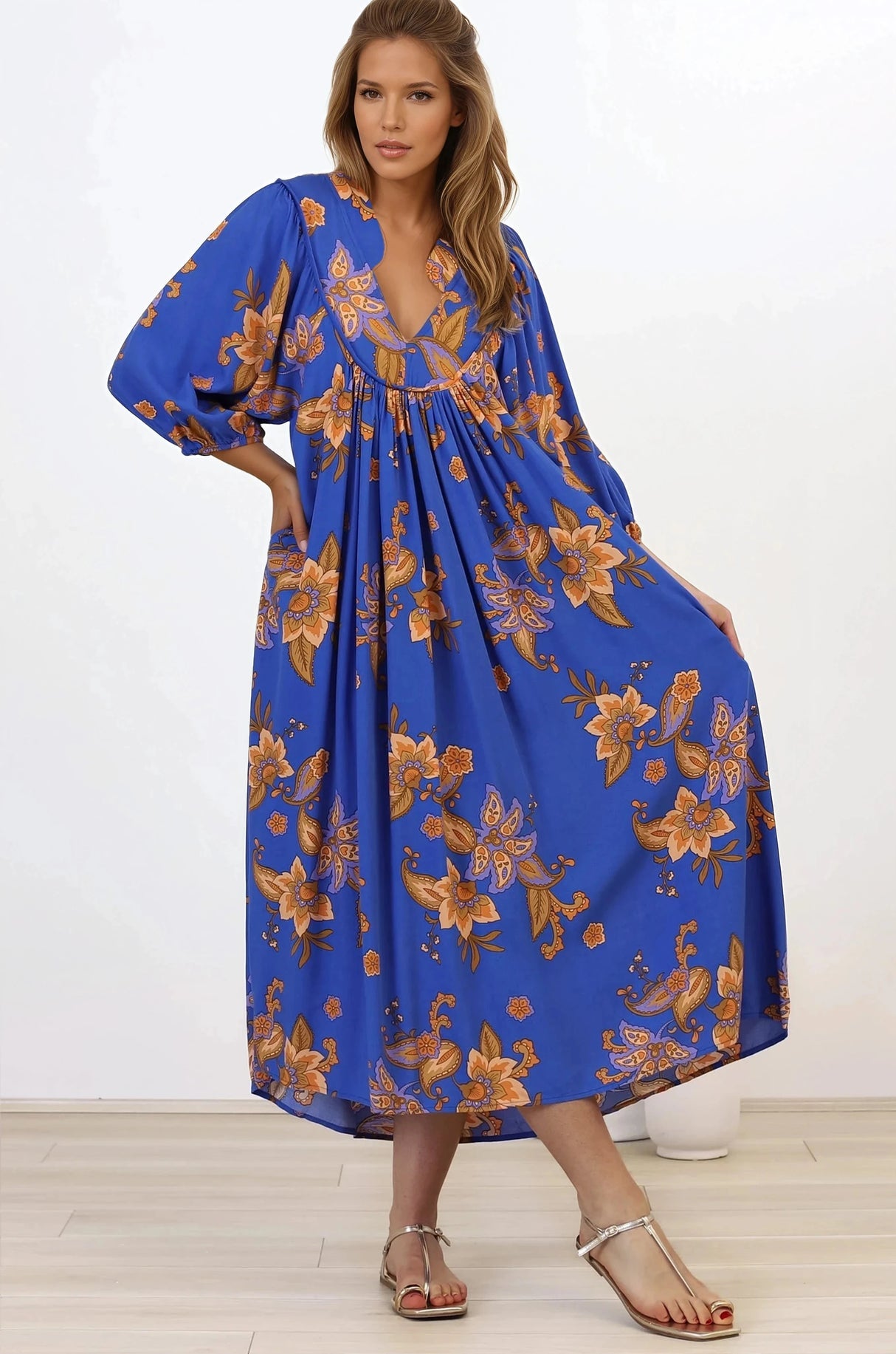 Jaase - Boheme Midi Dress: Piping Defined Bust Slimline Smock Dress In Maribella Print