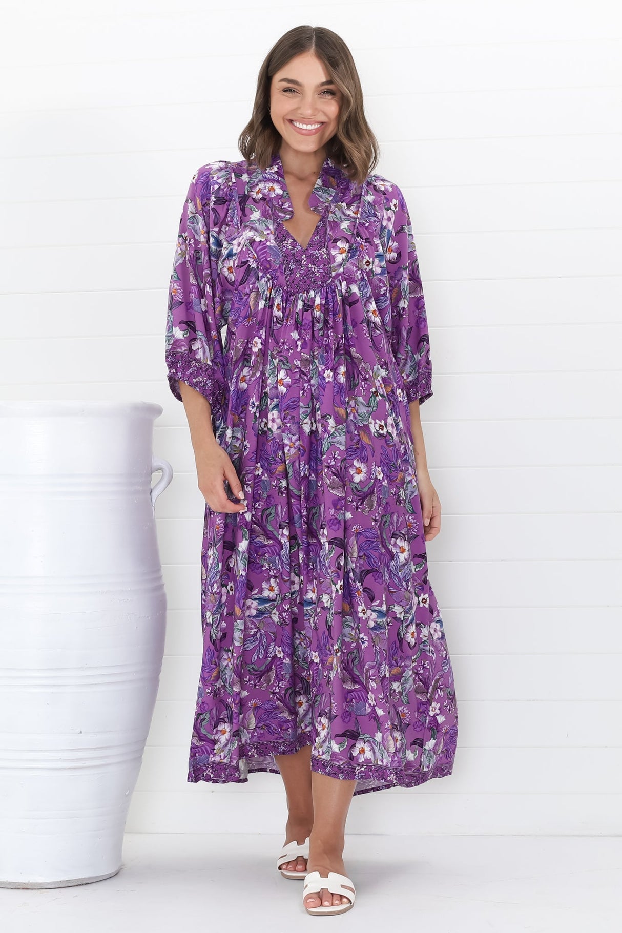 Jaase - Boheme Midi Dress: Piping Defined Bust Slimline Smock Dress In Rhodium Print