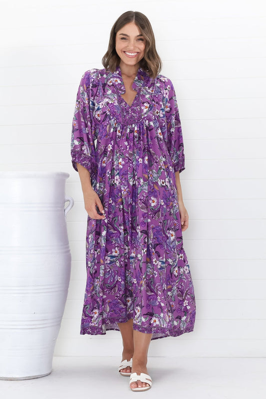 Jaase - Boheme Midi Dress: Piping Defined Bust Slimline Smock Dress In Rhodium Print