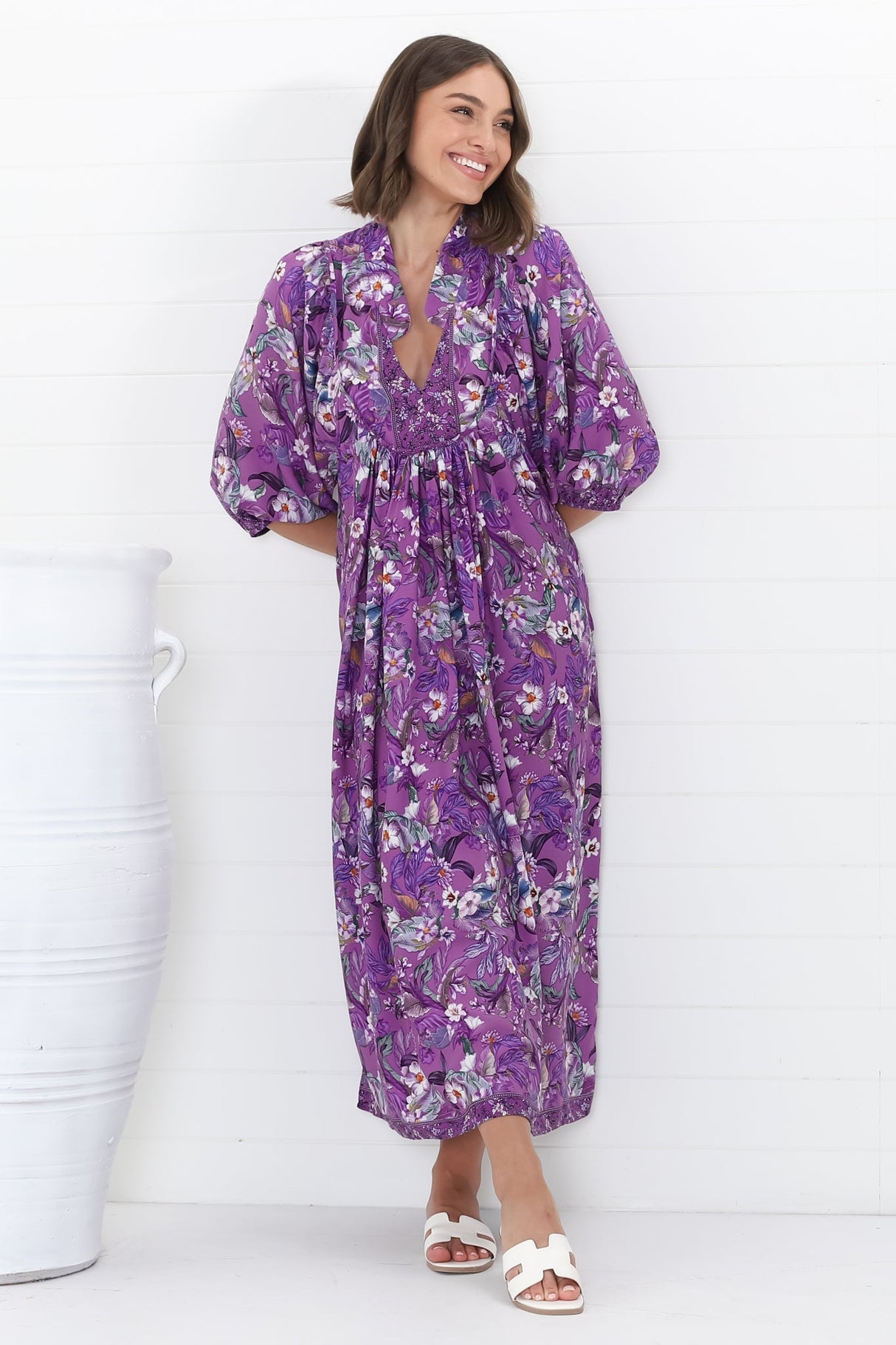Jaase - Boheme Midi Dress: Piping Defined Bust Slimline Smock Dress In Rhodium Print