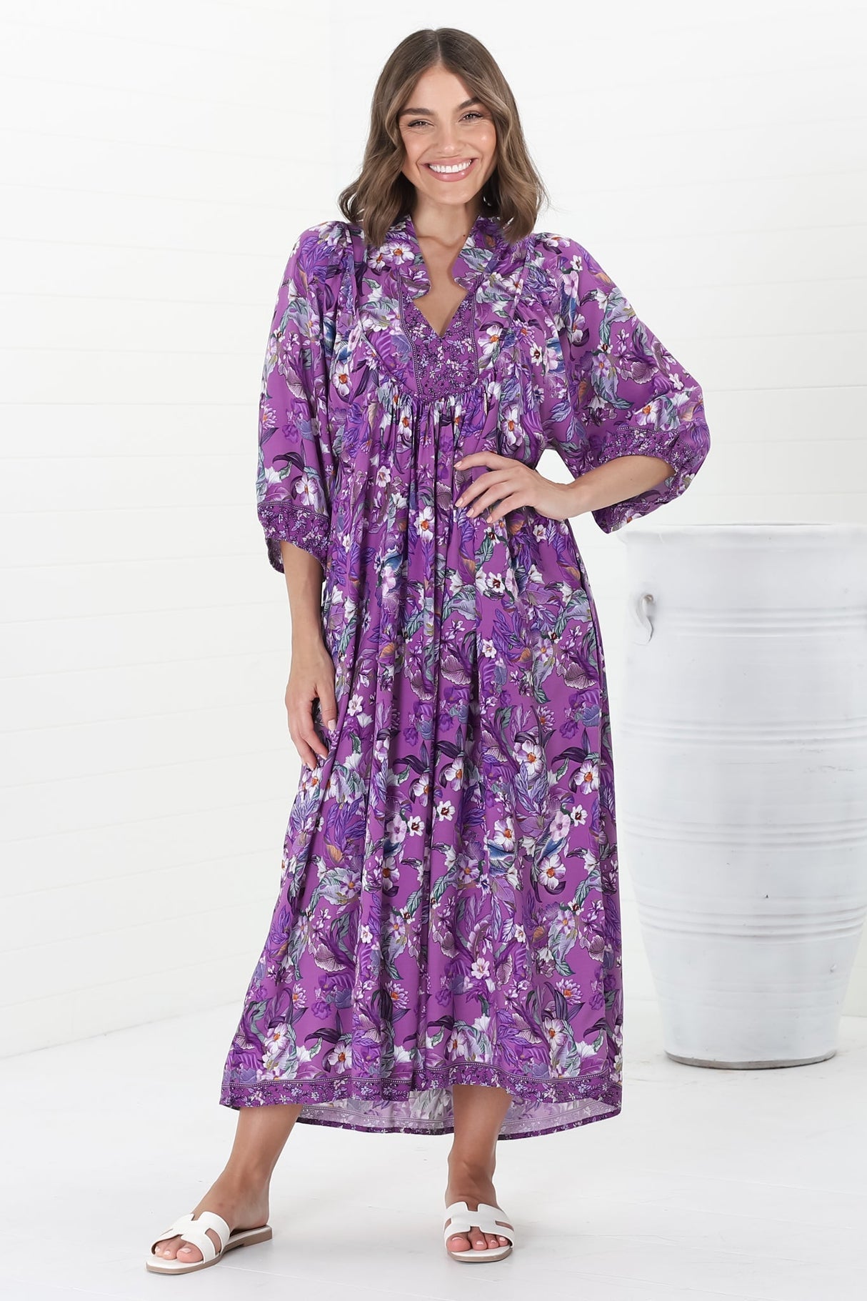 Jaase - Boheme Midi Dress: Piping Defined Bust Slimline Smock Dress In Rhodium Print