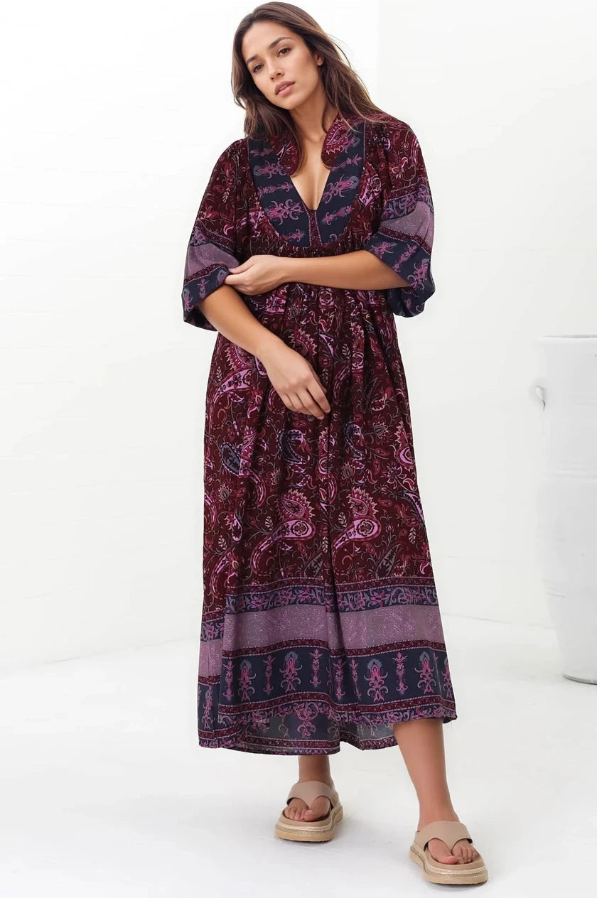 Jaase - Boheme Midi Dress: Piping Defined Bust Slimline Smock Dress In Sadie Print