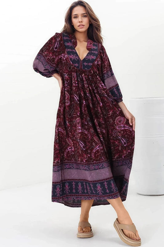 Jaase - Boheme Midi Dress: Piping Defined Bust Slimline Smock Dress In Sadie Print