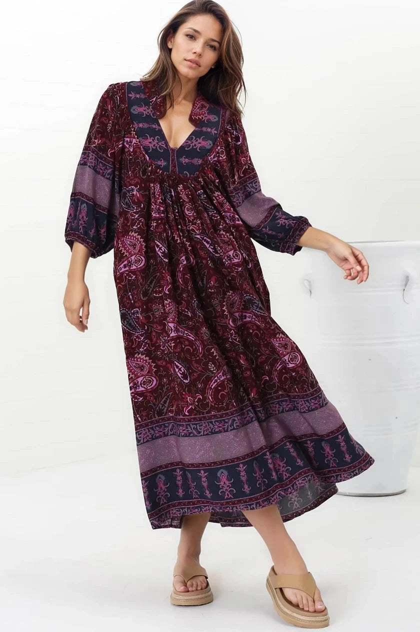 Jaase - Boheme Midi Dress: Piping Defined Bust Slimline Smock Dress In Sadie Print