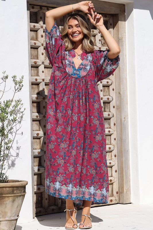 Jaase - Boheme Midi Dress: Piping Defined Bust Slimline Smock Dress In Strawberry Kiss Print