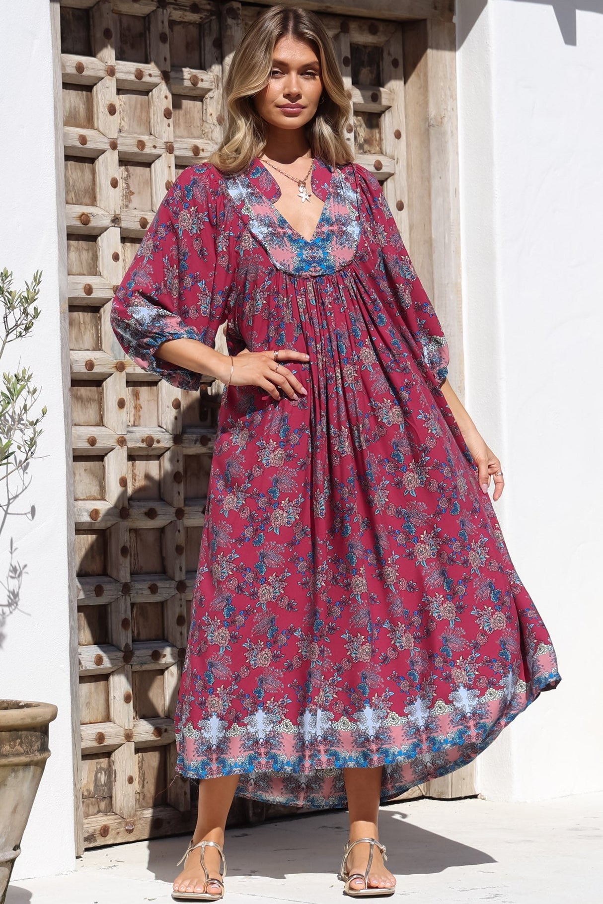 Jaase - Boheme Midi Dress: Piping Defined Bust Slimline Smock Dress In Strawberry Kiss Print
