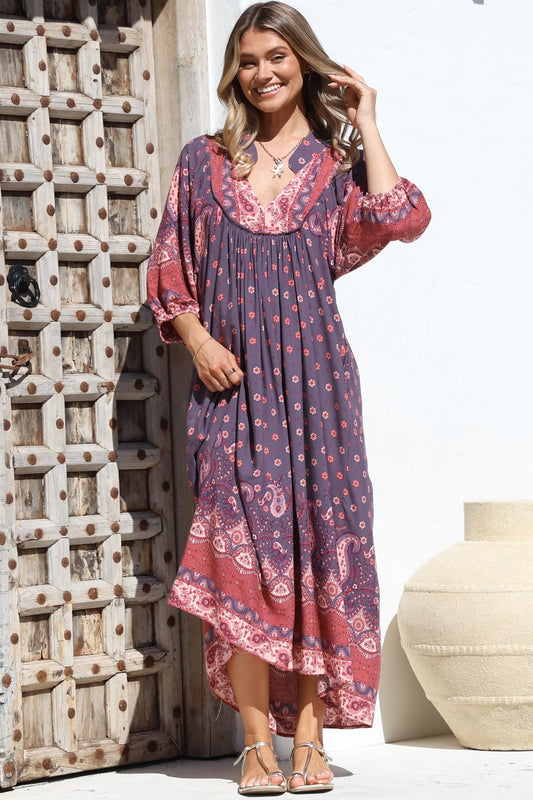 Jaase - Boheme Midi Dress: Piping Defined Bust Slimline Smock Dress In Dancing Daisy Print