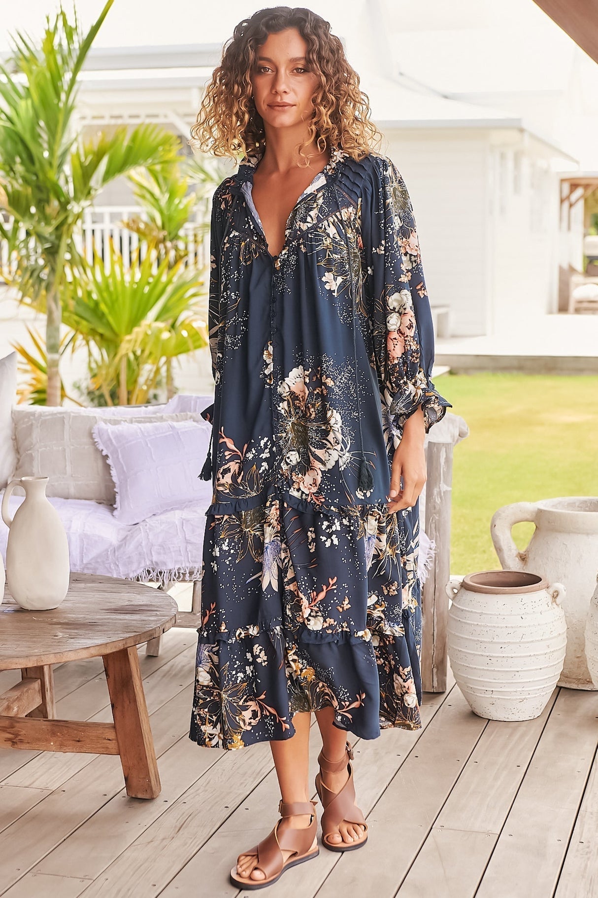 Jaase - Briana Midi Dress: Frill Collar Oversized Buttoned Dress With Waist Tie And Frill Splicing In Indigo Print