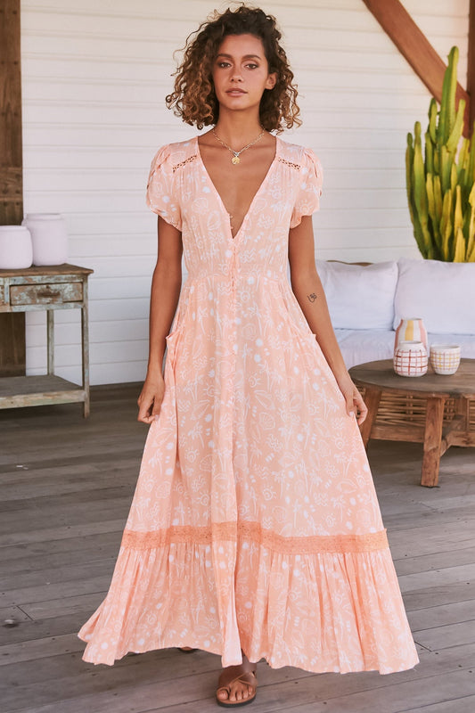 Jaase - Carmen Maxi Dress: Butterfly Cap Sleeve Button Down A Line Dress With Lace Trim In Peach Island Print