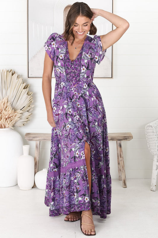 Jaase - Carmen Maxi Dress: Butterfly Cap Sleeve Button Down A Line Dress With Lace Trim In Rhodium Print