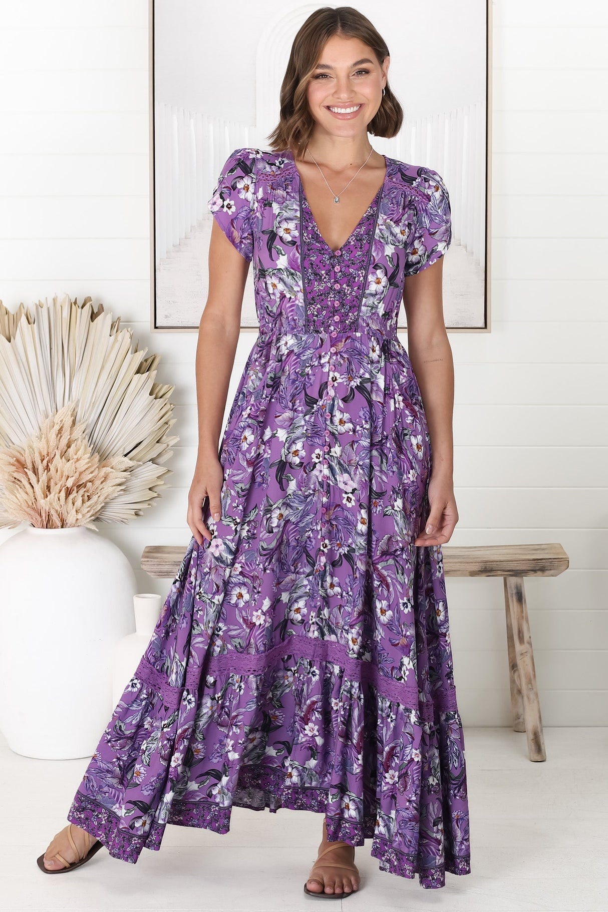 Jaase - Carmen Maxi Dress: Butterfly Cap Sleeve Button Down A Line Dress With Lace Trim In Rhodium Print