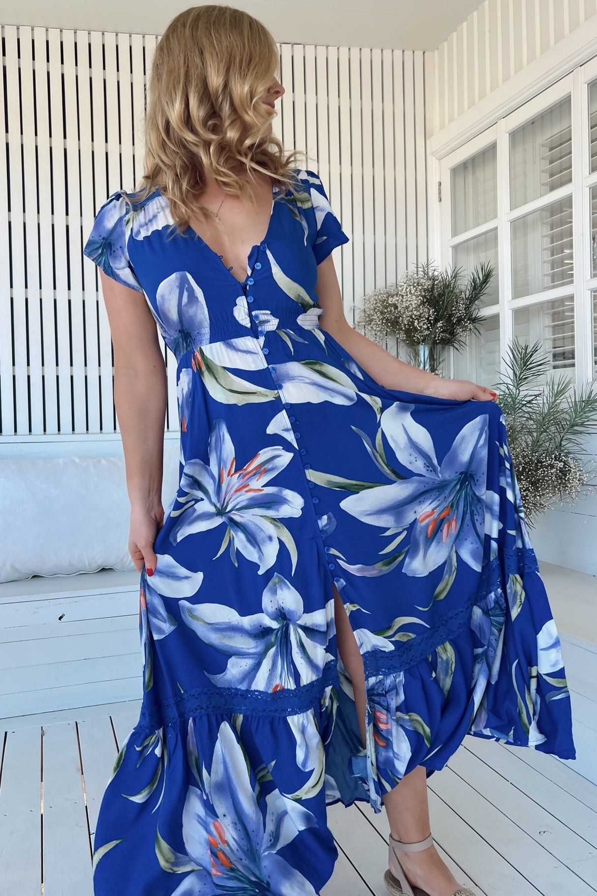 Jaase - Carmen Maxi Dress: Butterfly Cap Sleeve Button Down A Line Dress With Lace Trim In Asteria Print
