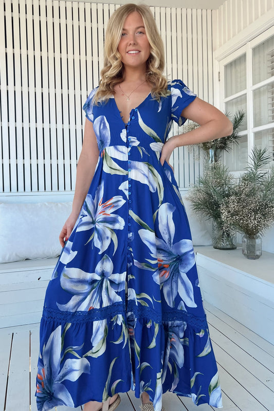 Jaase - Carmen Maxi Dress: Butterfly Cap Sleeve Button Down A Line Dress With Lace Trim In Asteria Print