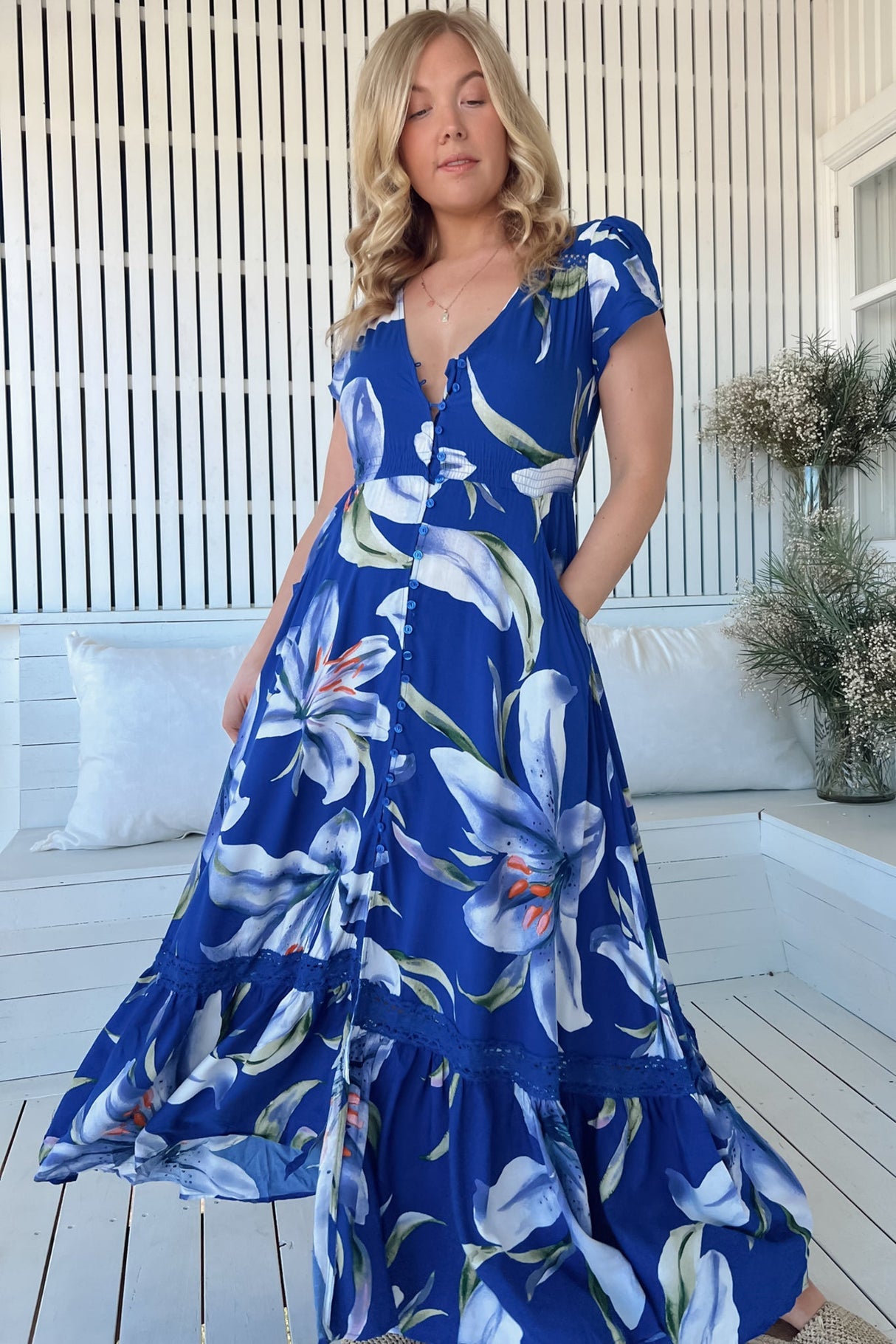 Jaase - Carmen Maxi Dress: Butterfly Cap Sleeve Button Down A Line Dress With Lace Trim In Asteria Print