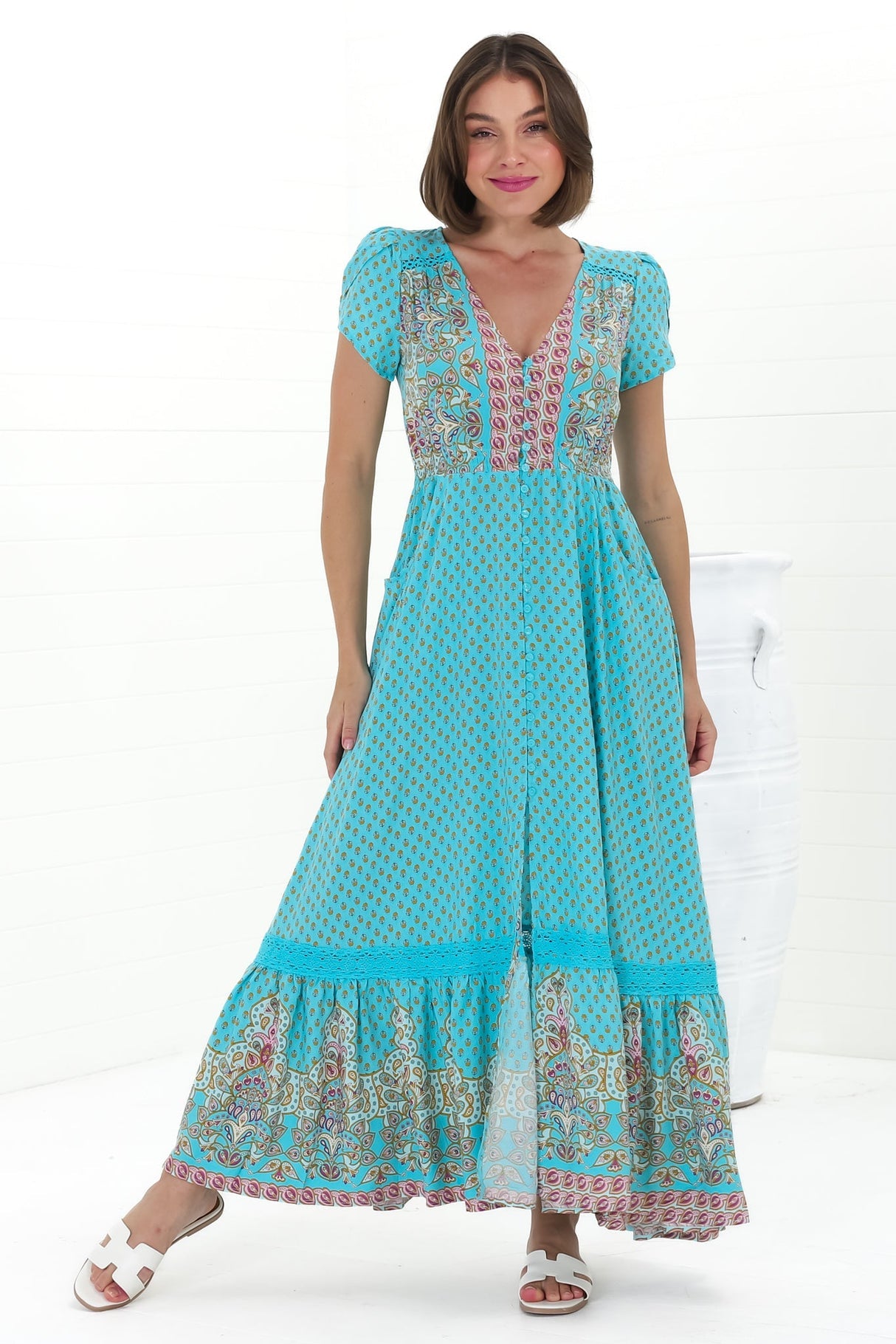 Jaase - Carmen Maxi Dress: Butterfly Cap Sleeve Button Down A Line Dress With Lace Trim In Atlantis Print