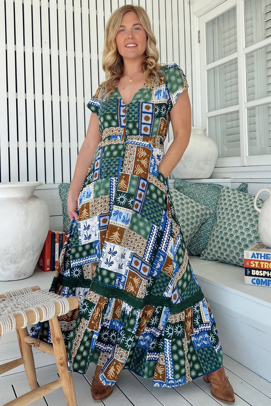 Jaase - Carmen Maxi Dress: Butterfly Cap Sleeve Button Down A Line Dress With Lace Trim In Emerald Cove Print