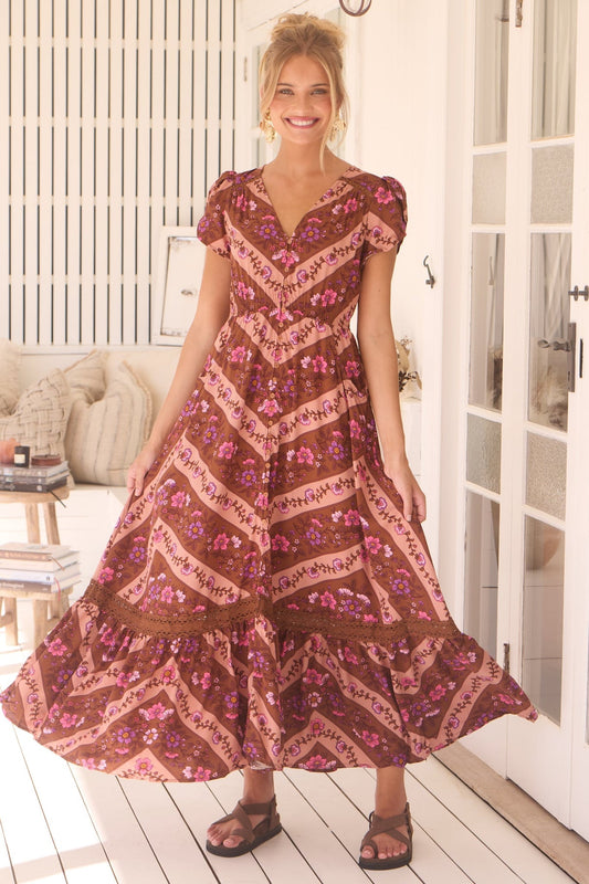 Jaase - Carmen Maxi Dress: Butterfly Cap Sleeve Button Down A Line Dress With Lace Trim In Savanna Print