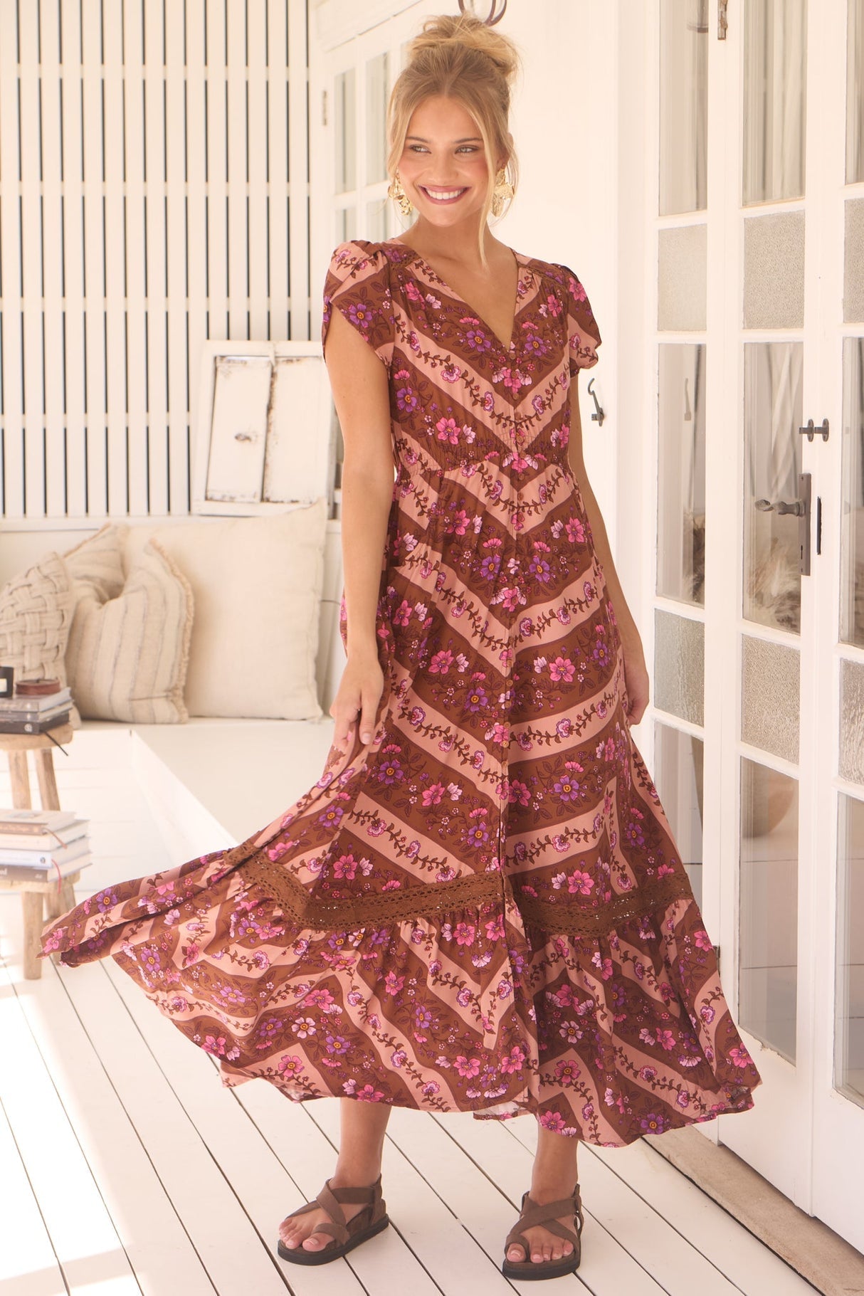 Jaase - Carmen Maxi Dress: Butterfly Cap Sleeve Button Down A Line Dress With Lace Trim In Savanna Print
