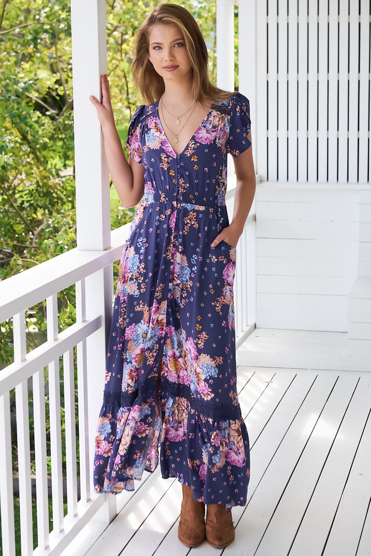 Jaase - Carmen Maxi Dress: Butterfly Cap Sleeve Button Down A Line Dress With Lace Trim In Wild Whim Print