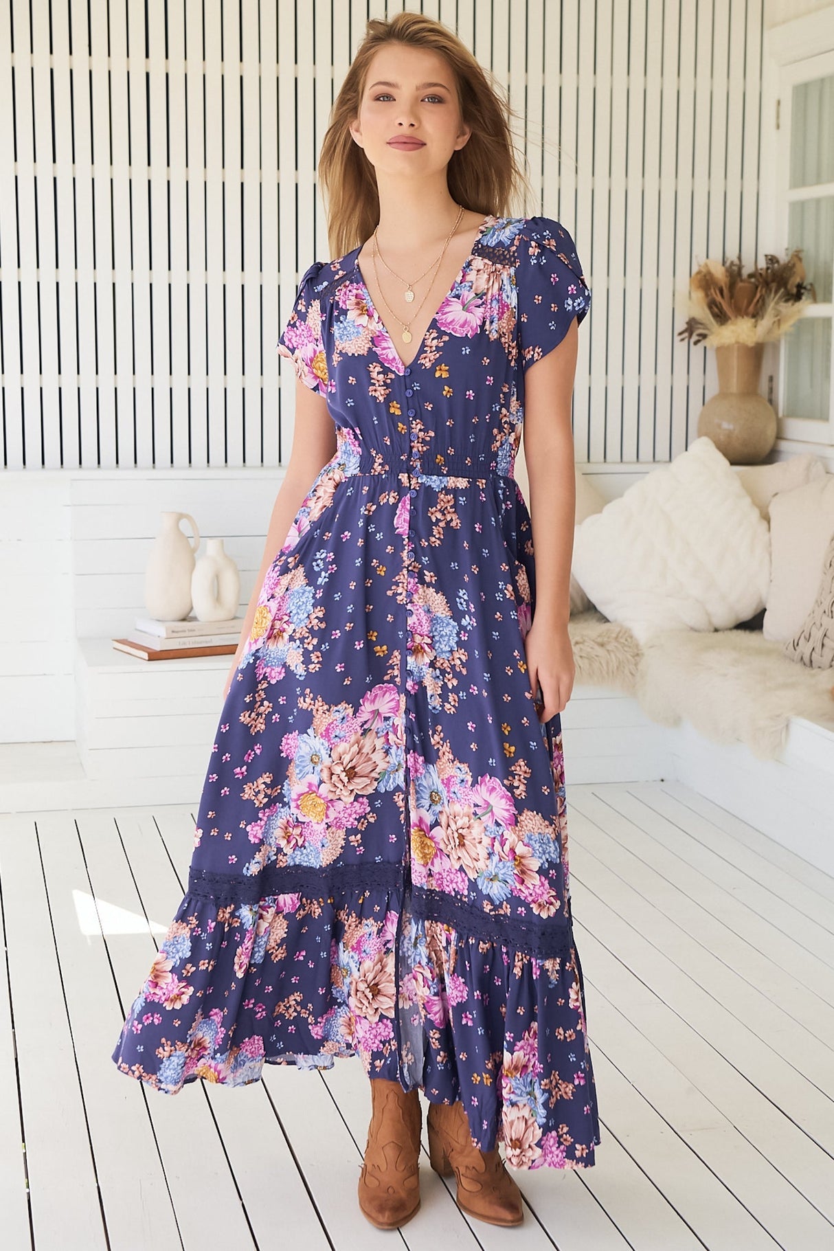 Jaase - Carmen Maxi Dress: Butterfly Cap Sleeve Button Down A Line Dress With Lace Trim In Wild Whim Print