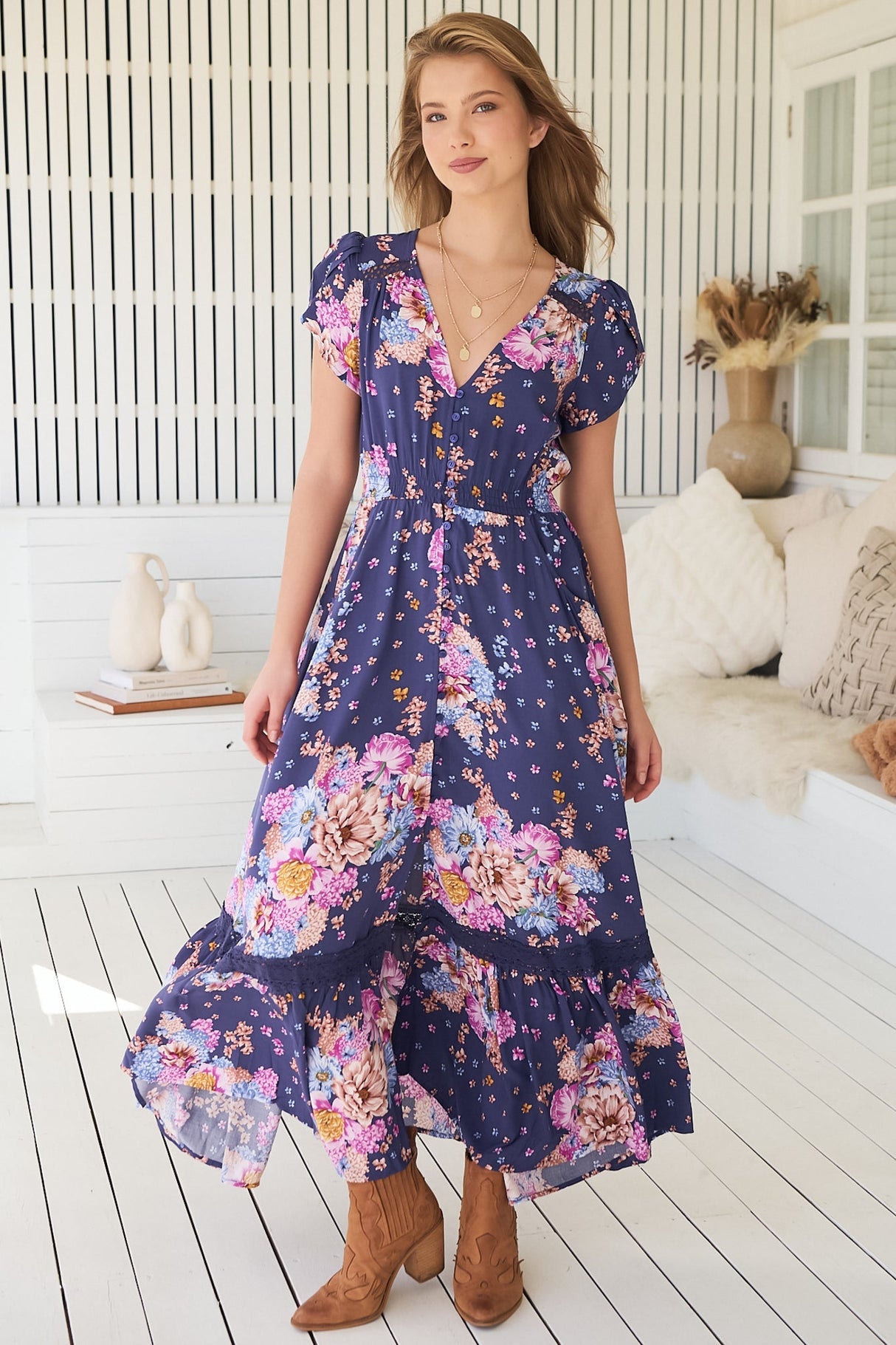Jaase - Carmen Maxi Dress: Butterfly Cap Sleeve Button Down A Line Dress With Lace Trim In Wild Whim Print