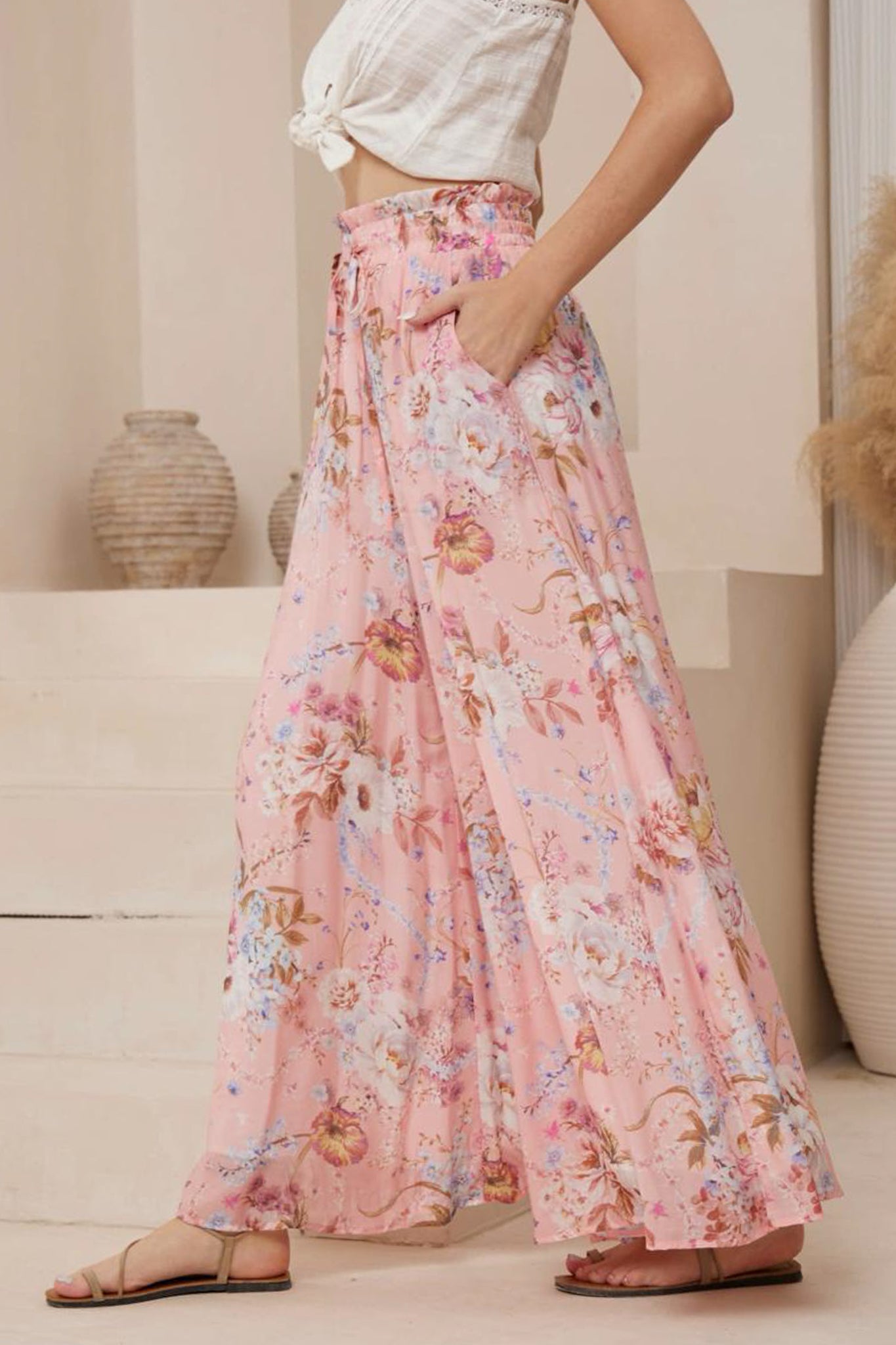 Charli Pants - Paper Bag High Waisted Wide Leg Pants in Ginnee Print