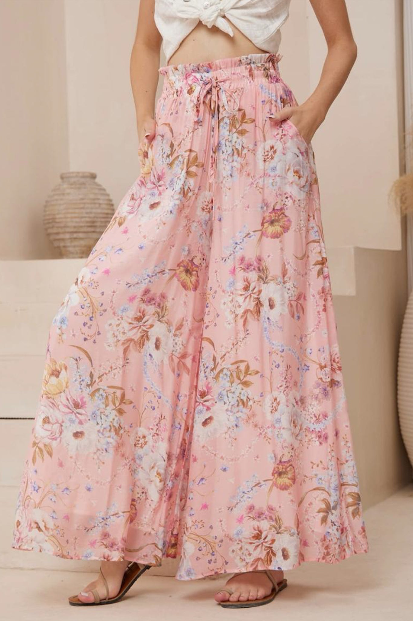 Charli Pants - Paper Bag High Waisted Wide Leg Pants in Ginnee Print