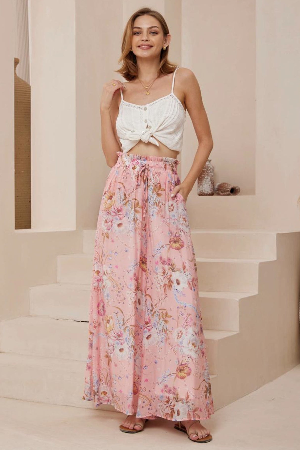 Charli Pants - Paper Bag High Waisted Wide Leg Pants In Ginnee Print