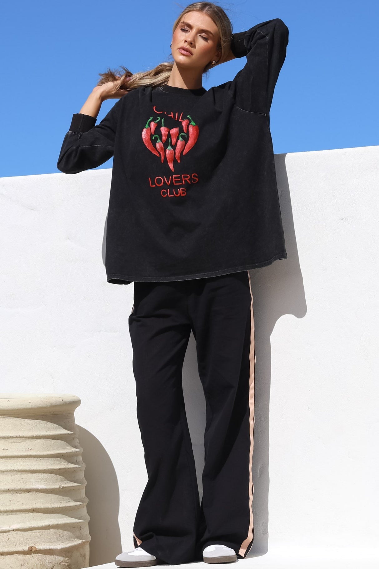 Chilli Lovers Set - Graphic Long Sleeve Top And Pants With Stripe Accent In Black