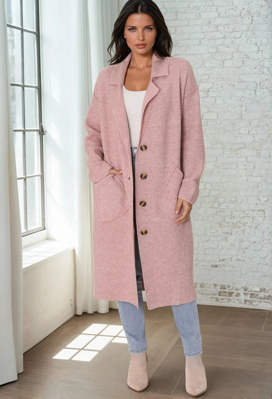 Davie Cardigan - Collared Button Down Coatigan In Pink