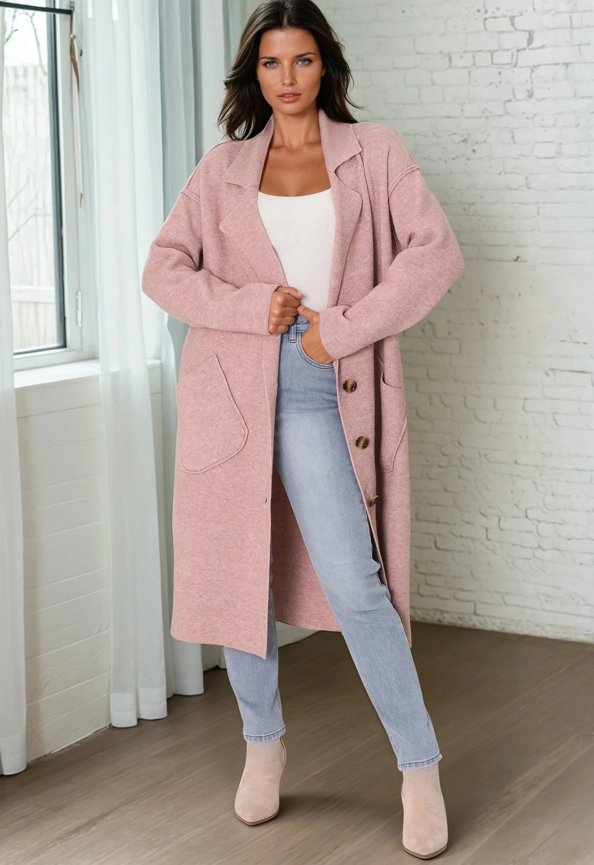 Davie Cardigan - Collared Button Down Coatigan In Pink
