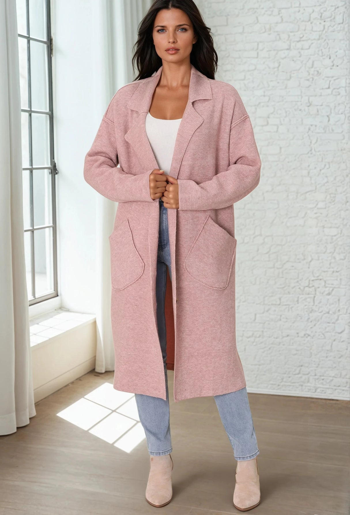 Davie Cardigan - Collared Button Down Coatigan In Pink