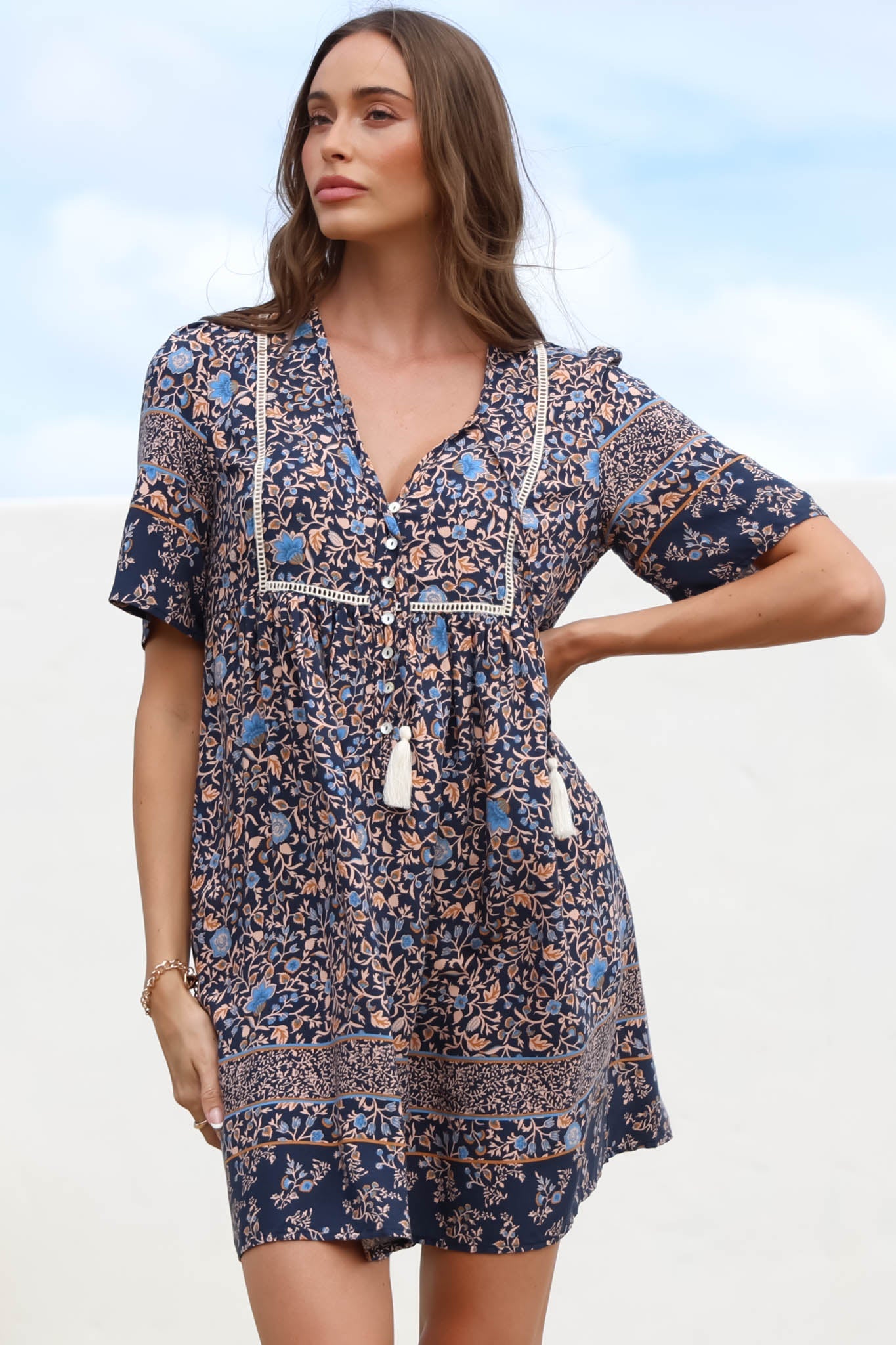 Delany Mini Dress - Short Sleeve Baby Doll Dress in Floral Print