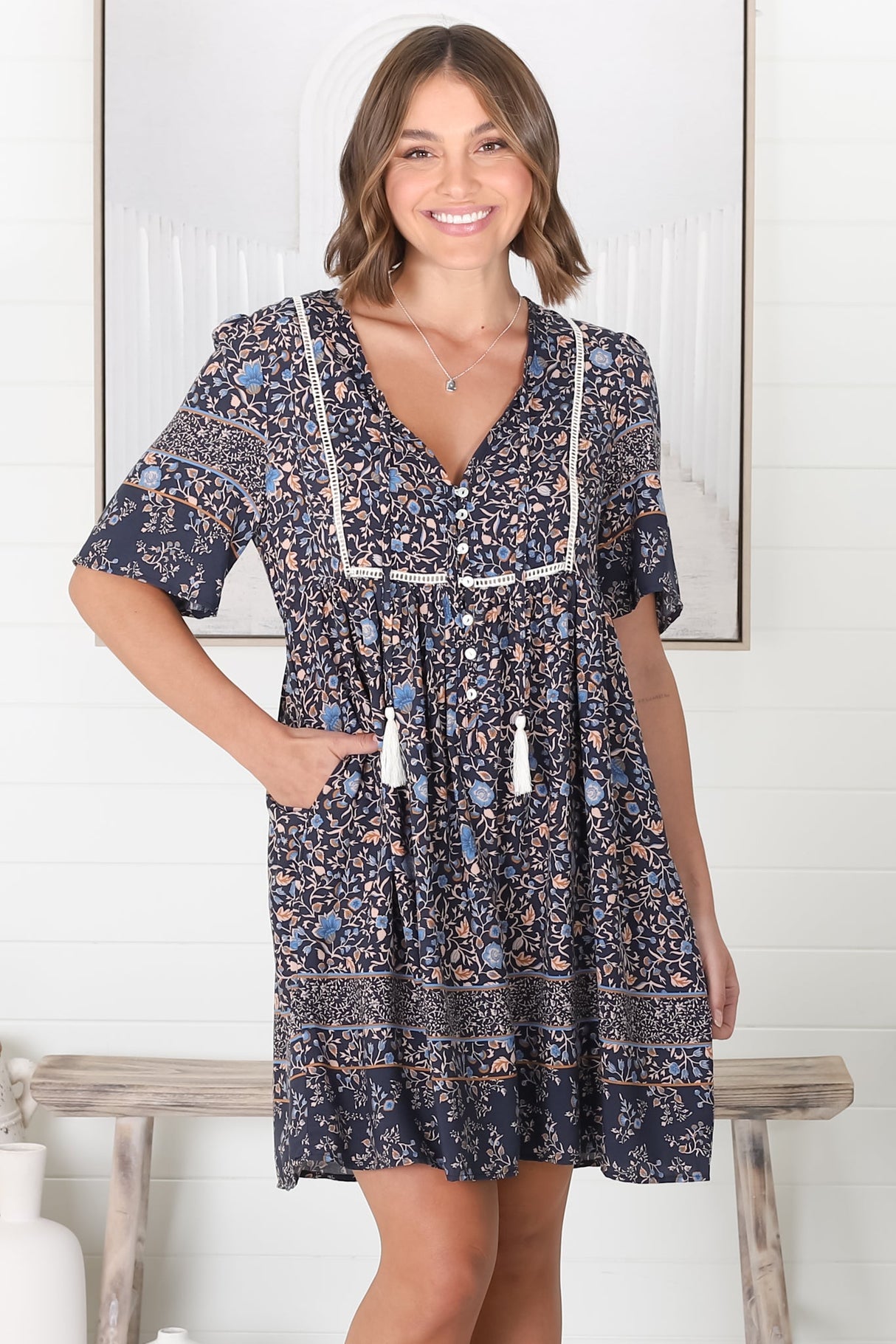 Delany Mini Dress - Short Sleeve Baby Doll Dress In Floral Print