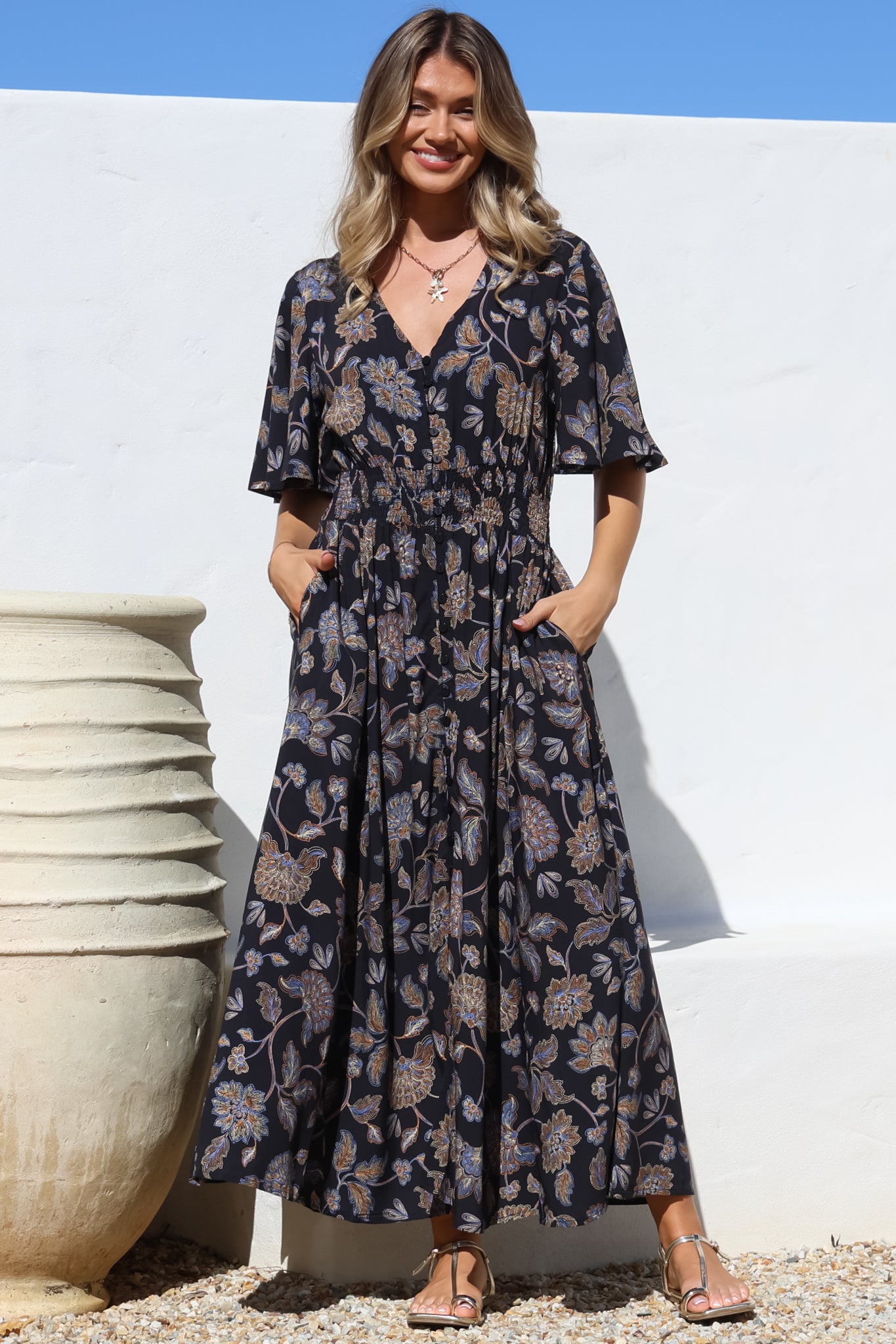 Dulcie Maxi Dress - Cape Sleeve Button-Down Maxi with Pockets in Enchanted Ink Print