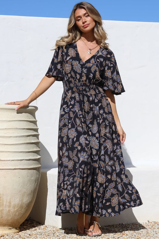 Dulcie Maxi Dress - Cape Sleeve Button-Down Maxi With Pockets In Enchanted Ink Print