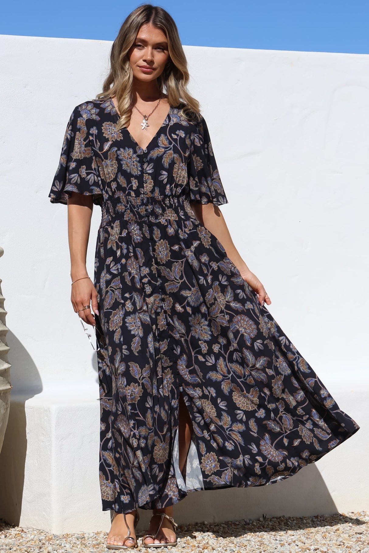 Dulcie Maxi Dress - Cape Sleeve Button-Down Maxi With Pockets In Enchanted Ink Print