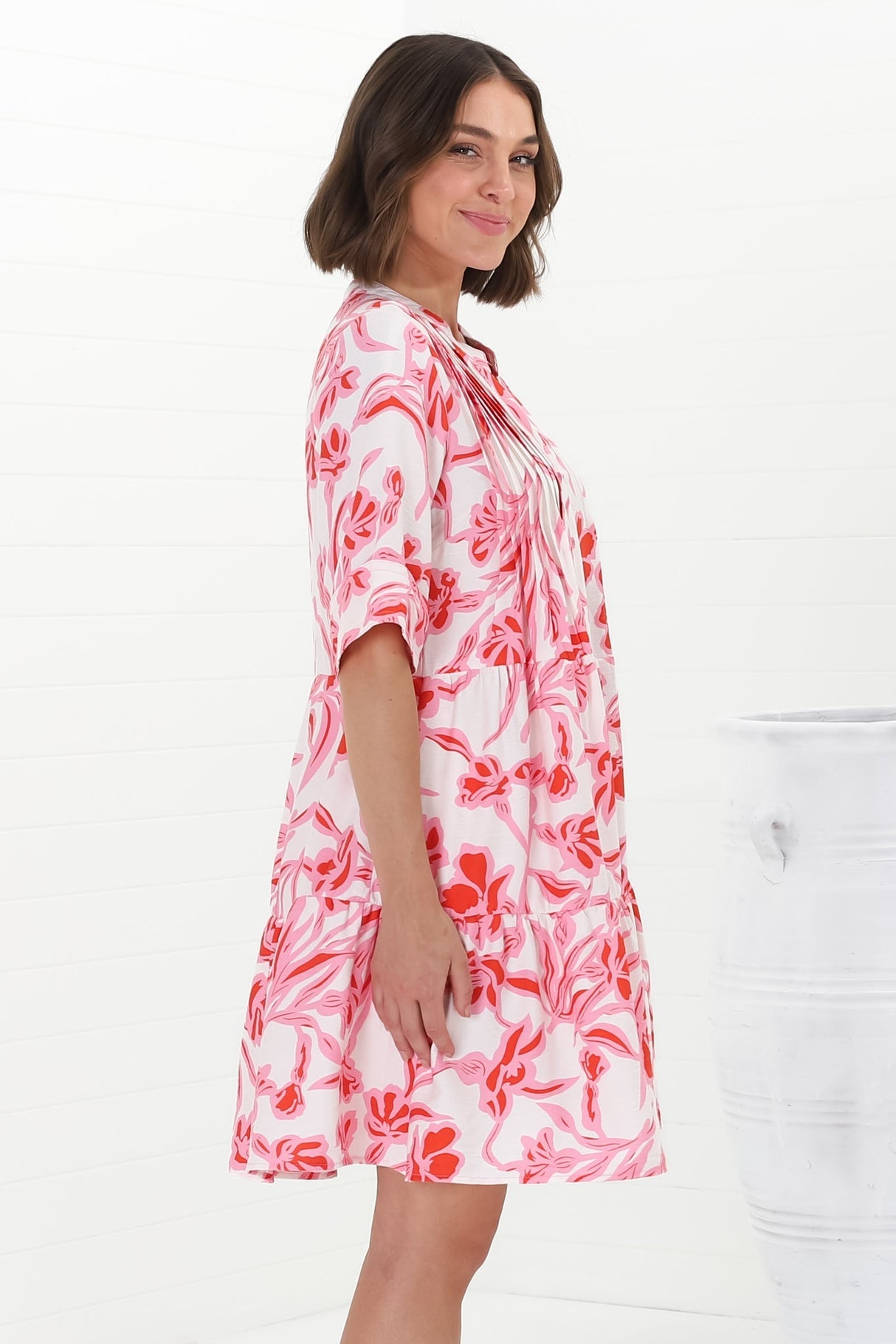 Evie Mini Dress - 3/4 Sleeve Tiered Smock Dress In Braley Print Pink