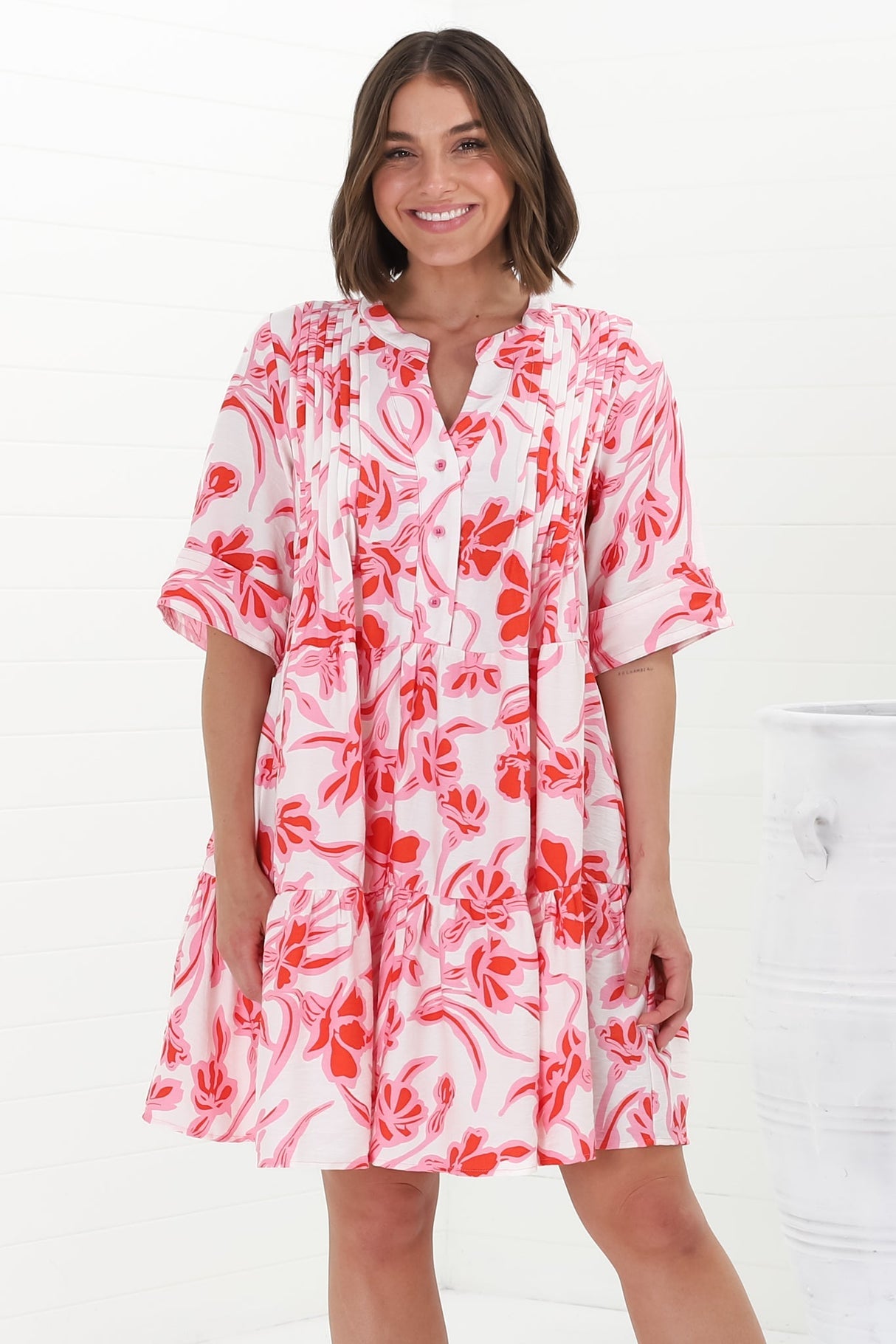 Evie Mini Dress - 3/4 Sleeve Tiered Smock Dress In Braley Print Pink