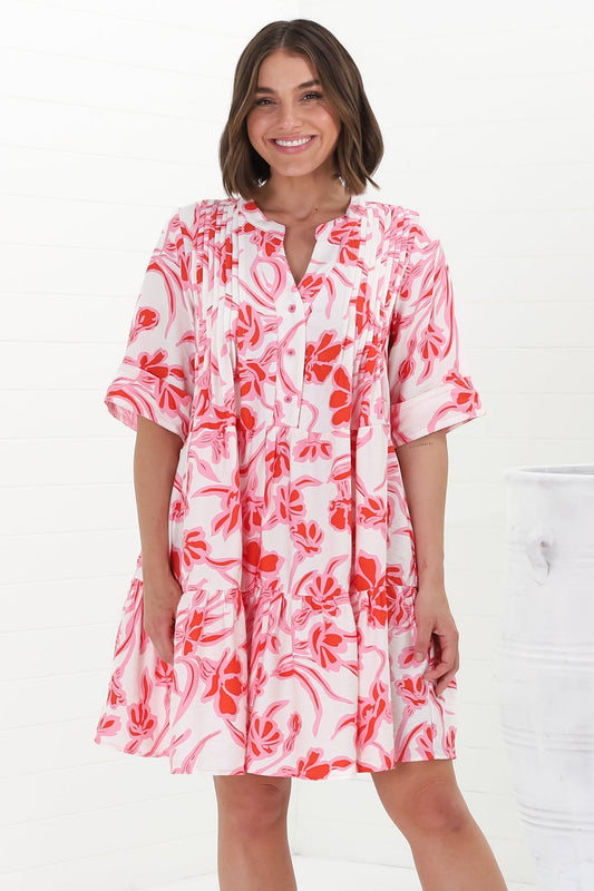 Evie Mini Dress - 3/4 Sleeve Tiered Smock Dress In Braley Print Pink